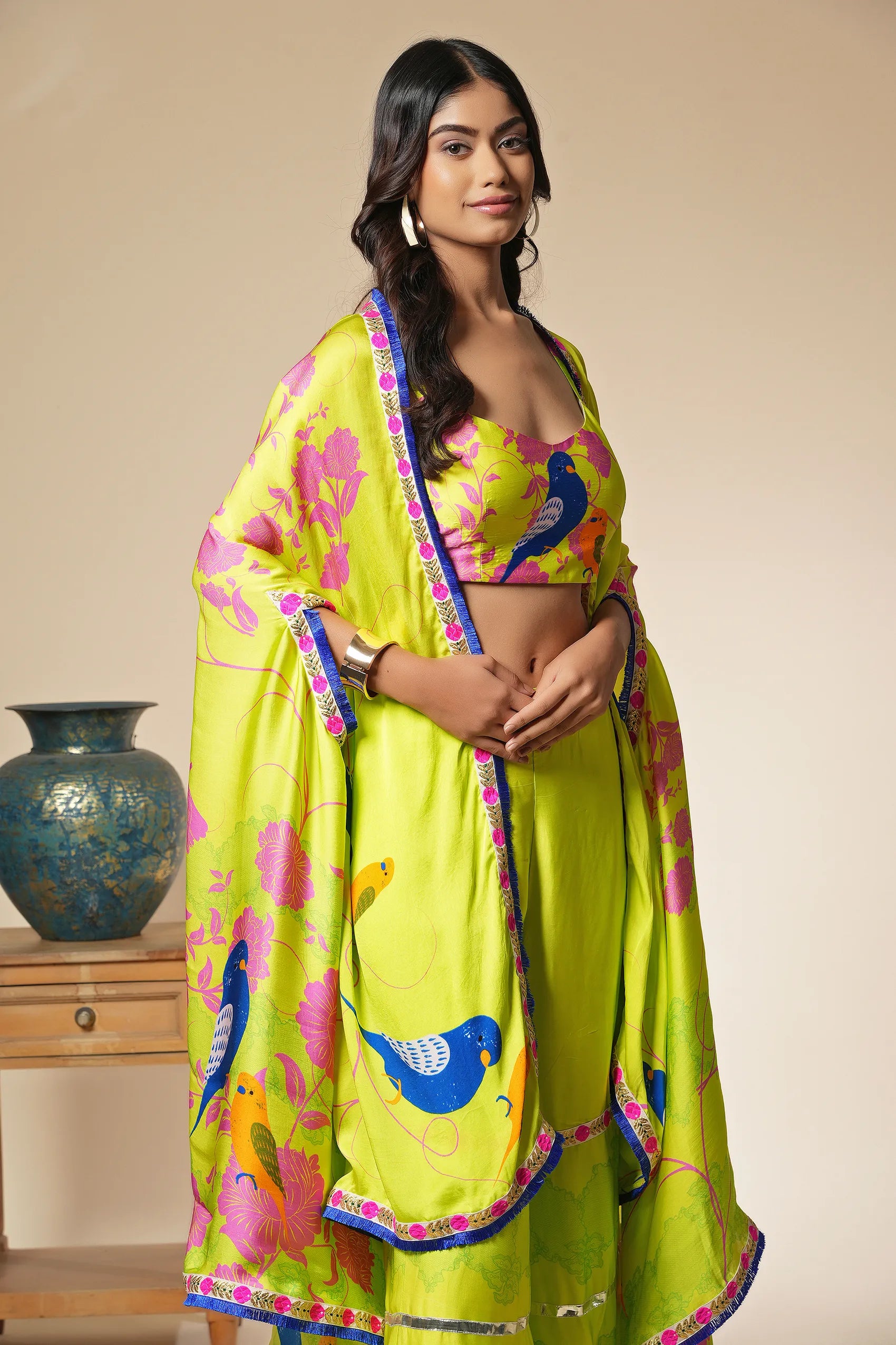 3 PIECE PLAZO & CAPE SET – LIME GREEN