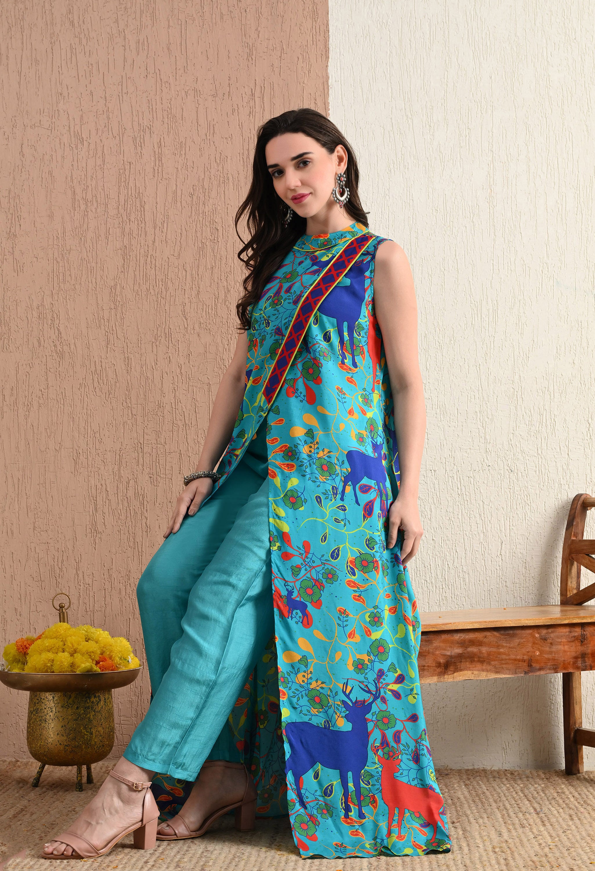 FOREST PRINT LONG TUNIC WITH FRONT SLIT