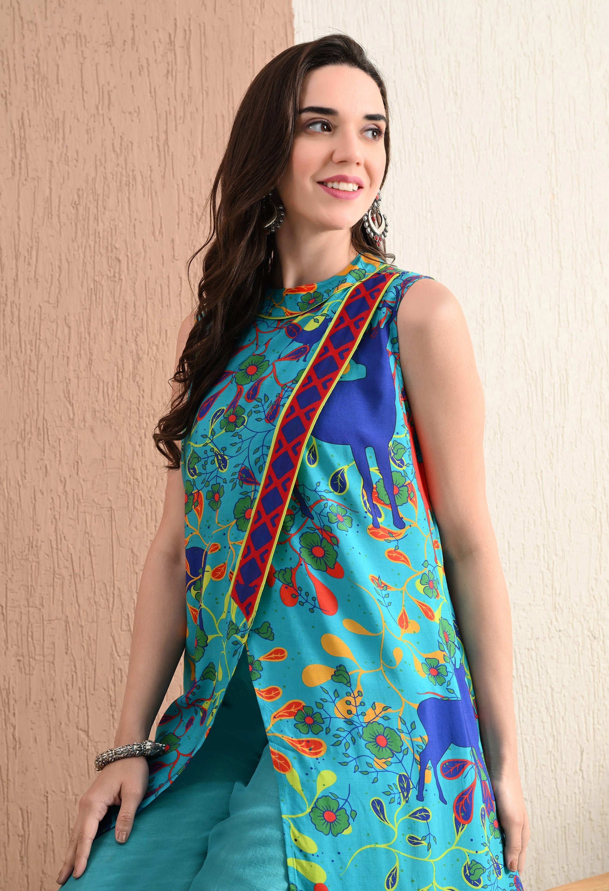 FOREST PRINT LONG TUNIC WITH FRONT SLIT