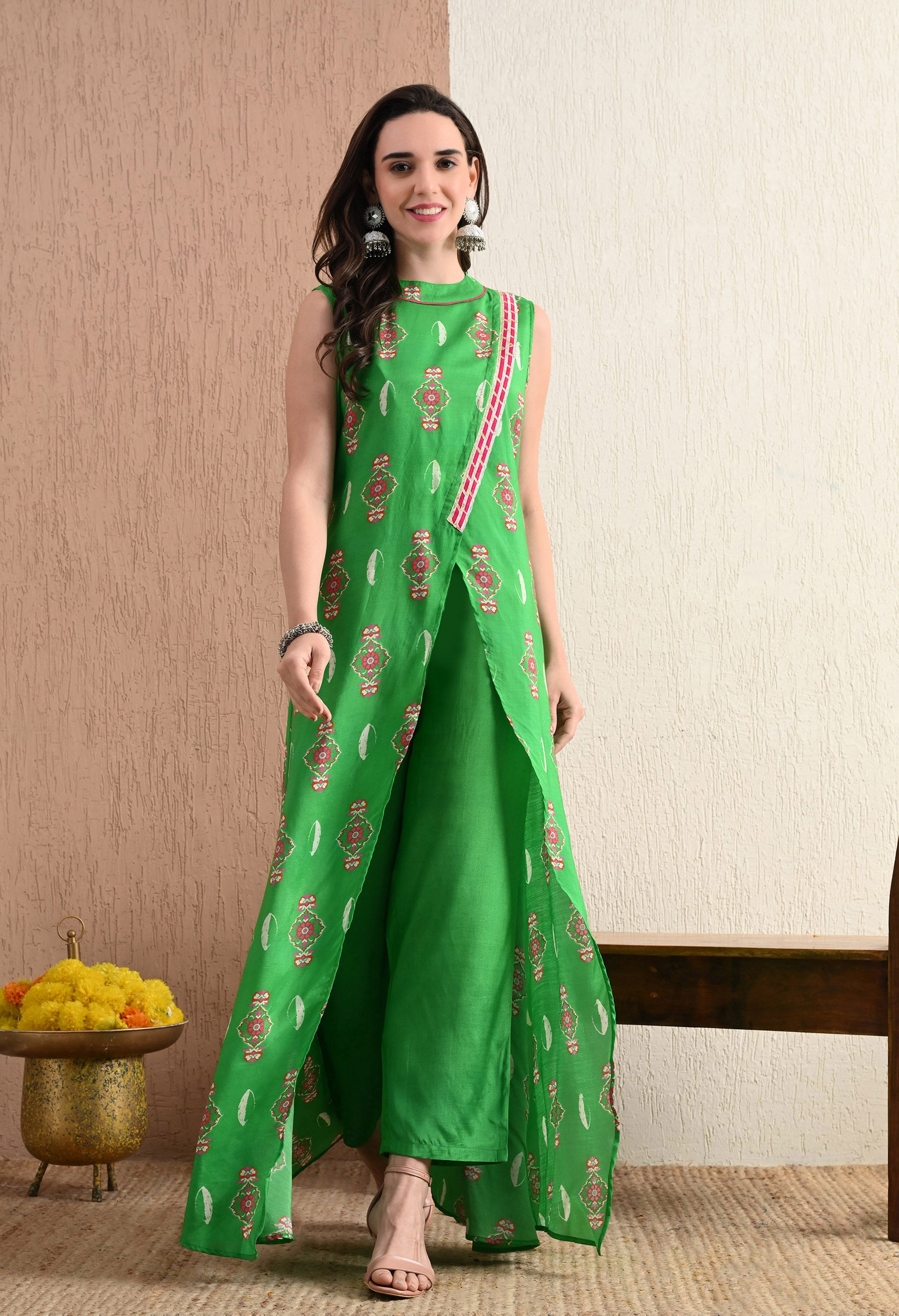 ETHNIC MOTIF LONG TUNIC WITH FRONT SLIT