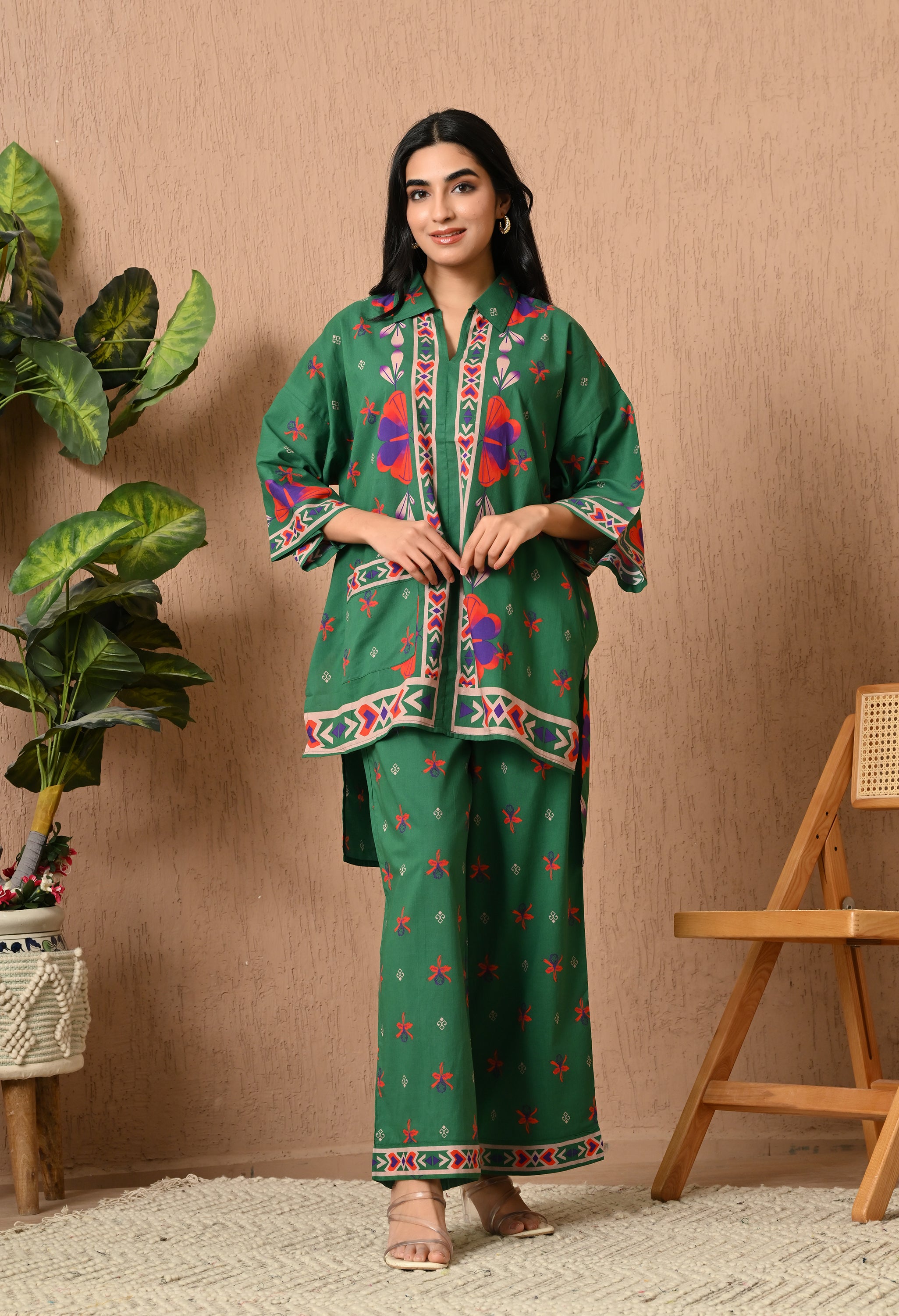 BOTTLE GREEN PRINTED LOOSE FIT CO-ORD SET