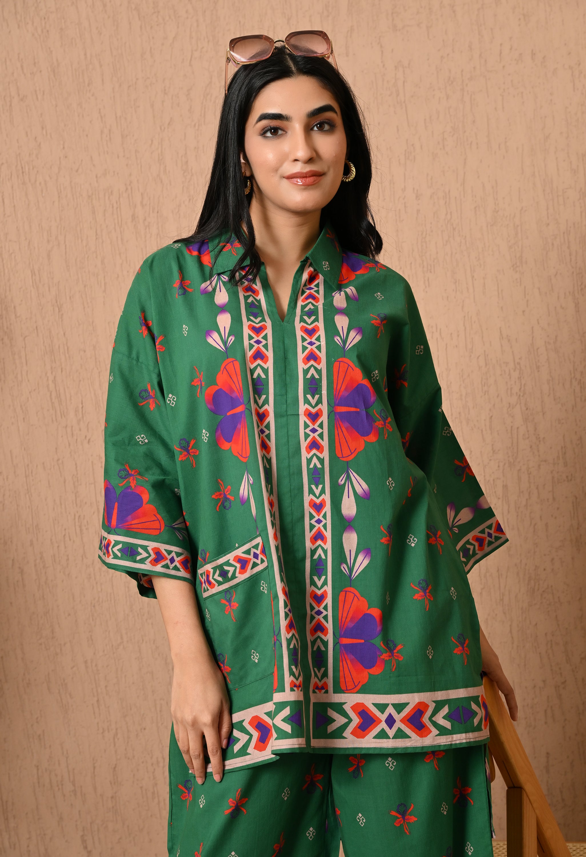 BOTTLE GREEN PRINTED LOOSE FIT CO-ORD SET