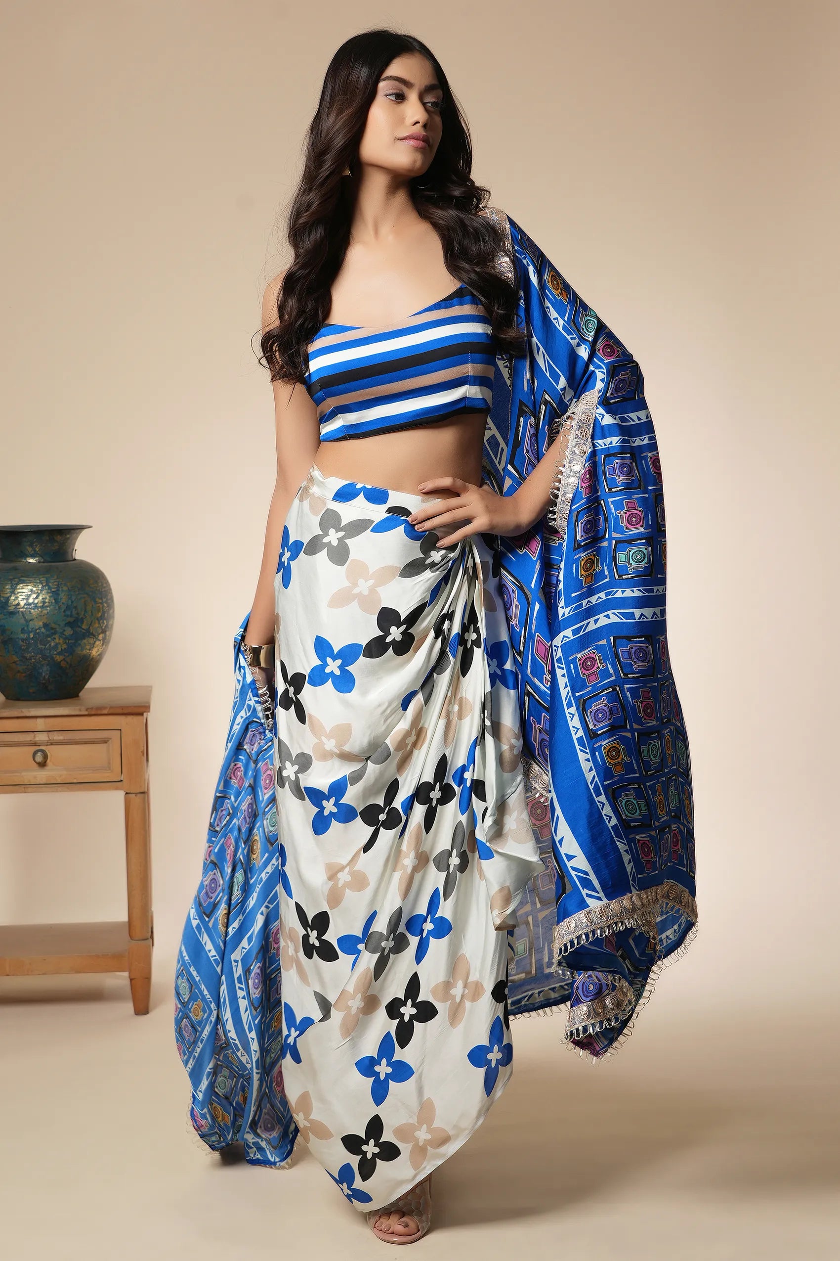 CAMERA PRINT DHOTI SKIRT WITH CAPE