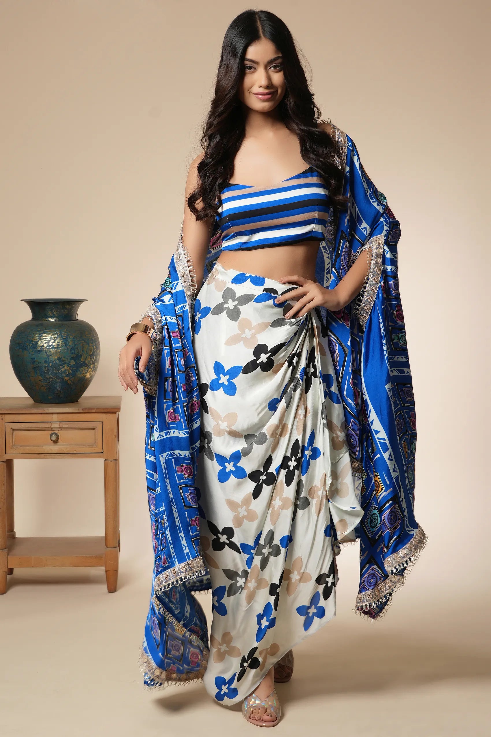 CAMERA PRINT DHOTI SKIRT WITH CAPE